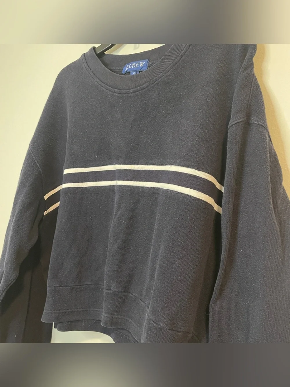 J. Crew Navy Cropped Crewneck Sweatshirt with White Stripes